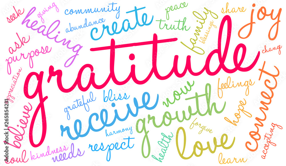 Gratitude Word Cloud on a white background. 