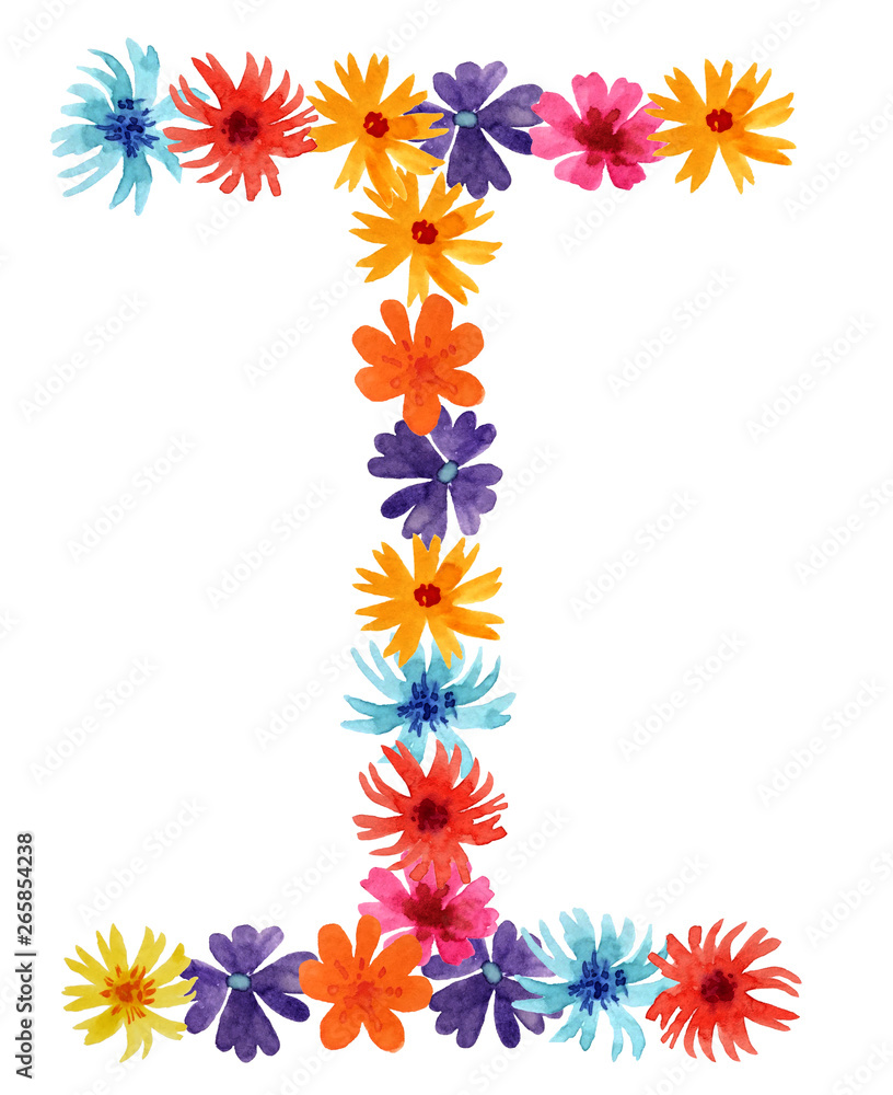 Obraz premium Watercolor letter I of a wildflowers. best monogram for design