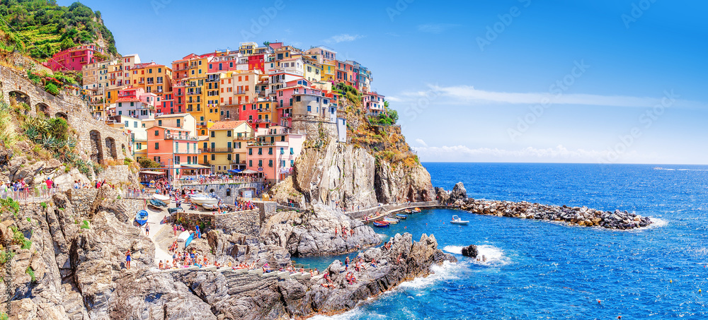 Manarola, Italy - the Cinque Terre National Italian park. UNESCO world heritage site. Historical ancient Mediterranean place. Famous and Popular travel destination. Manarola is one of five villages.