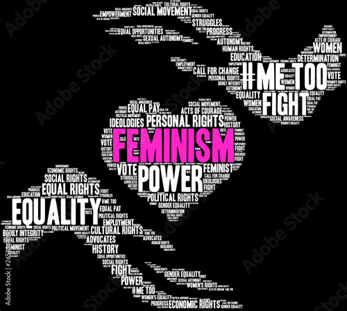 Feminism Word Cloud on a black background. 