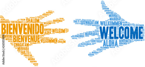 International Welcome Word Cloud on a white background. 