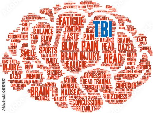 TBI Traumatic Brain Injury Word Cloud on a white background. 