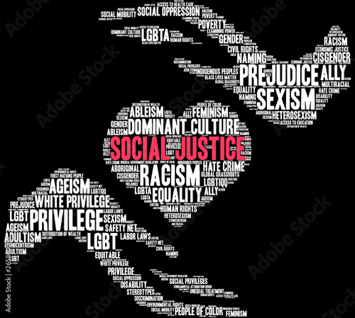 Social Justice Word Cloud on a black background. 