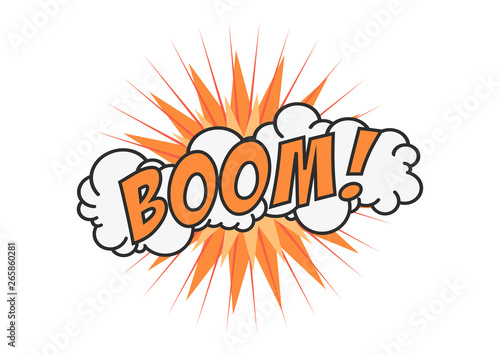 Boom vector comic cloud. Funny pop art tag. Lettering Boom, bomb. Comic text sound effects. Vector bubble icon speech phrase, cartoon exclusive font label tag expression, sounds illustration. Comics