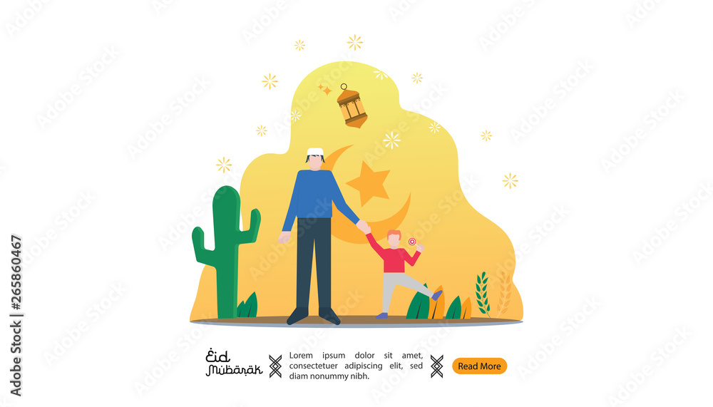 islamic illustration concept for Happy eid mubarak or ramadan. man and son are holding hand. template for web landing page, banner, presentation, social, poster, ad, promotion or print media.