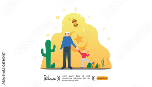 islamic illustration concept for Happy eid mubarak or ramadan. man and son are holding hand. template for web landing page  banner  presentation  social  poster  ad  promotion or print media.