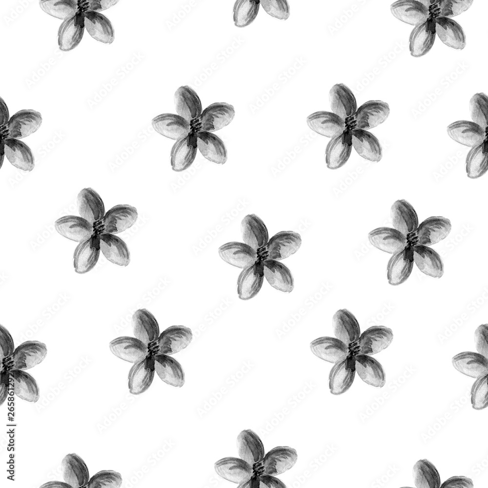 Watercolor seamless floral pattern of small black and white flowers on white background. Seamless pattern for printing on paper, textile, fabric.