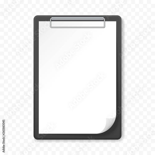 Black clipboard with white sheet on transparent background. Template design blank mock up. Concept for education, business, planning or infographics.