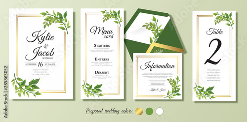 Wedding Imenu card, information, table number. Floral design with green watercolor leaves, foliage greenery decorative frame print. Vector elegant cute rustic greeting, invite, postcard 