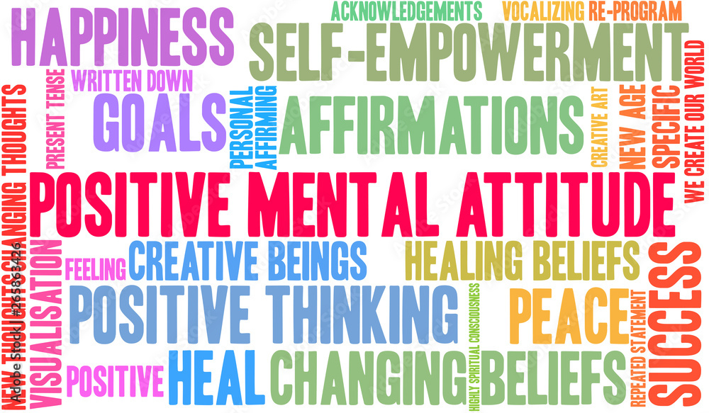 Positive Mental Attitude Word Cloud on a white background. Positive Mental Attitude Word Cloud on a white background.