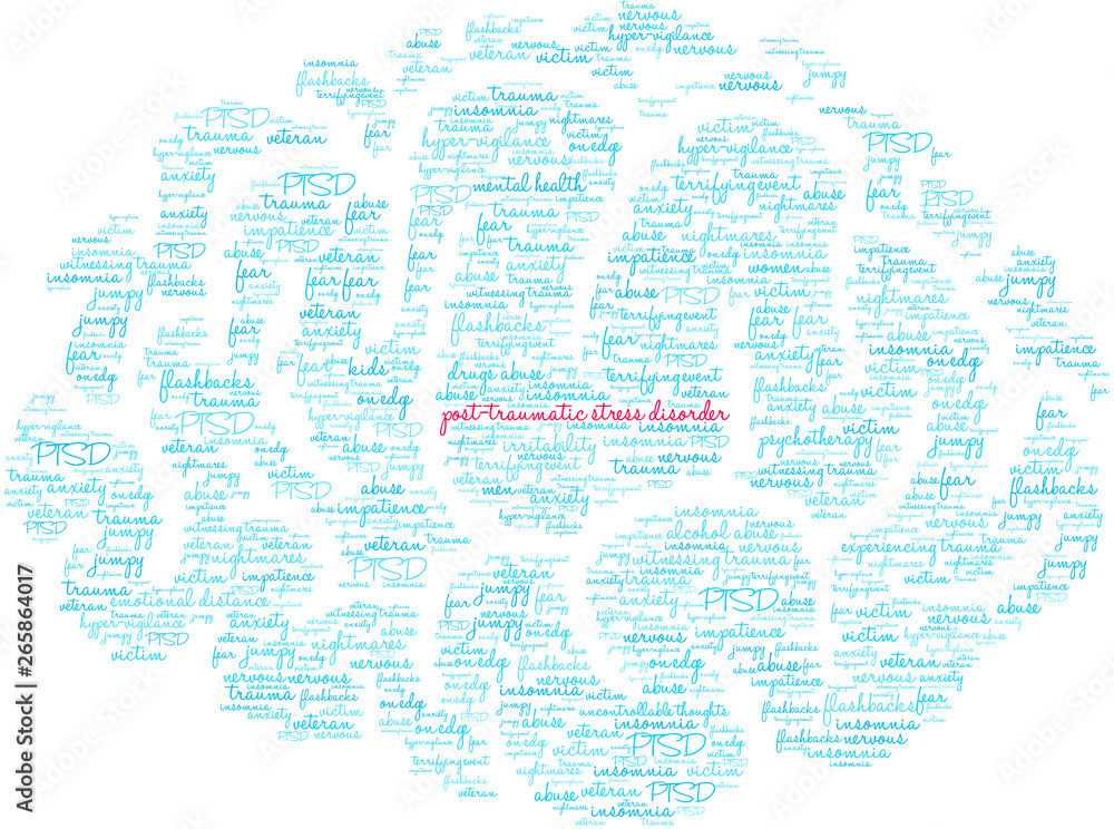 Post-Traumatic Stress Disorder Word Cloud on a white background. 