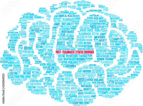 Post-Traumatic Stress Disorder Brain Word Cloud on a white background. 