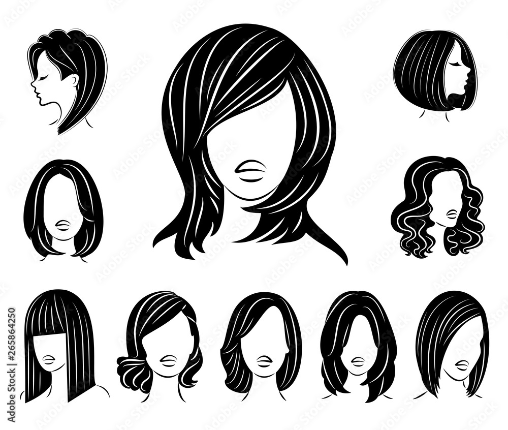 Collection. Silhouette of a head of a sweet lady. A girl shows a hairstyle of a woman on long, medium and short hair. Suitable for logo, advertising. Set of vector illustrations Collection. Silhouette of a head of a sweet lady. A girl shows a hairstyle of a woman on long, medium and short hair. Suitable for logo, advertising. Set of vector illustrations