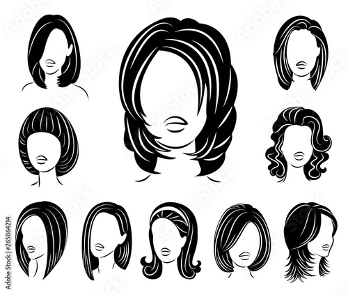 Collection. Silhouette of a head of a sweet lady. A girl shows a hairstyle of a woman on long, medium and short hair. Suitable for logo, advertising. Set of vector illustrations