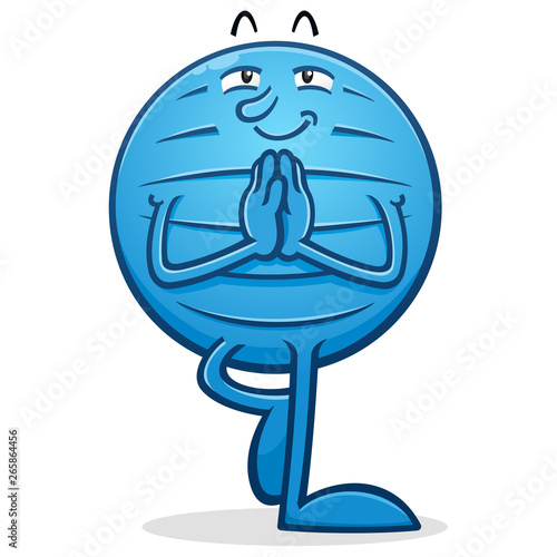 A blue rubber yoga ball character doing a tree pose during yoga class