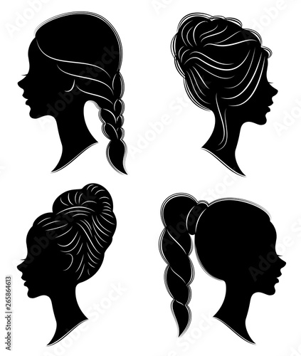 Collection. Silhouette of the head of a sweet lady. The girl shows a female hairstyle on medium and long hair. Suitable for logo, advertising. Vector illustration.