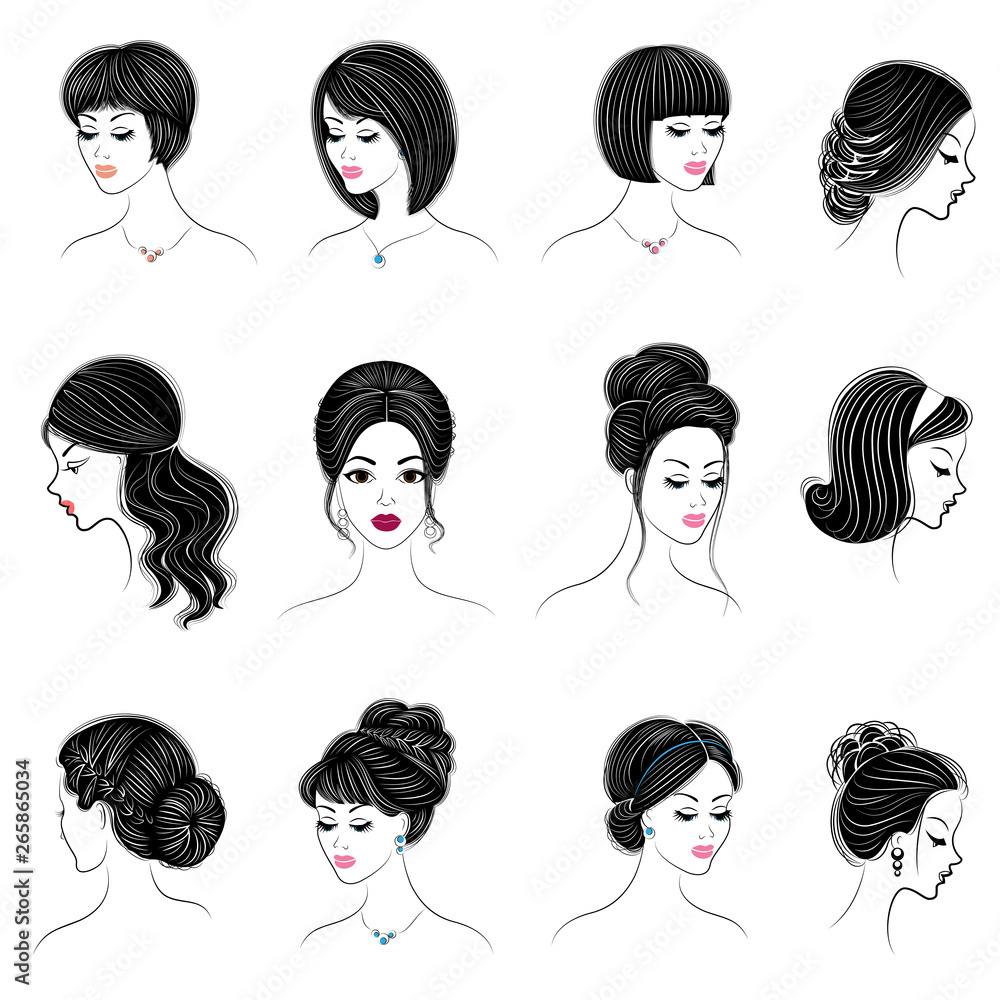 Collection of heads of cute ladies. Girls show female hairstyles for short,  long and medium hair. Women are fashionable, beautiful and stylish. Vector  illustration set Stock Vector | Adobe Stock
