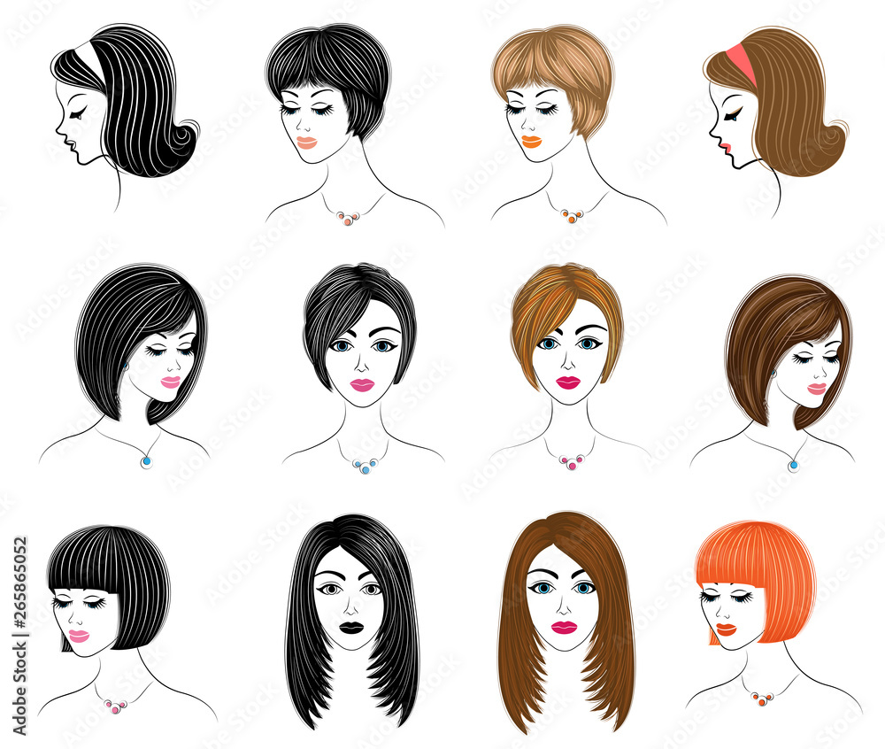Long braids creative brown hair, isolated on white background. Hairstyles of a woman. Set of vector illustrations Long braids creative brown hair, isolated on white background. Hairstyles of a woman. Set of vector illustrations