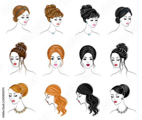 Long braids creative brown hair, isolated on white background. Hairstyles of a woman. Set of vector illustrations
