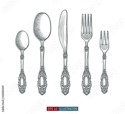 Hand drawn tea spoons,  forks and knife. Engraved style vector illustration. Elements for your design works.