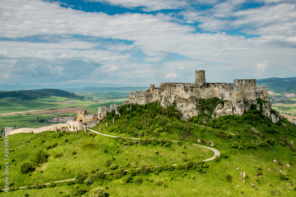Aerial view of Spis (Spiš, Spišský) castle, second biggest castle in Middle Europe, Unesco Wold Heritage, Slovakia