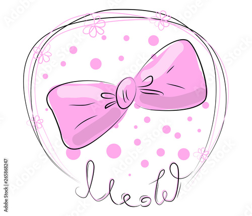 funny cat girl face in a flower chain, with text Meow. Isolated objects