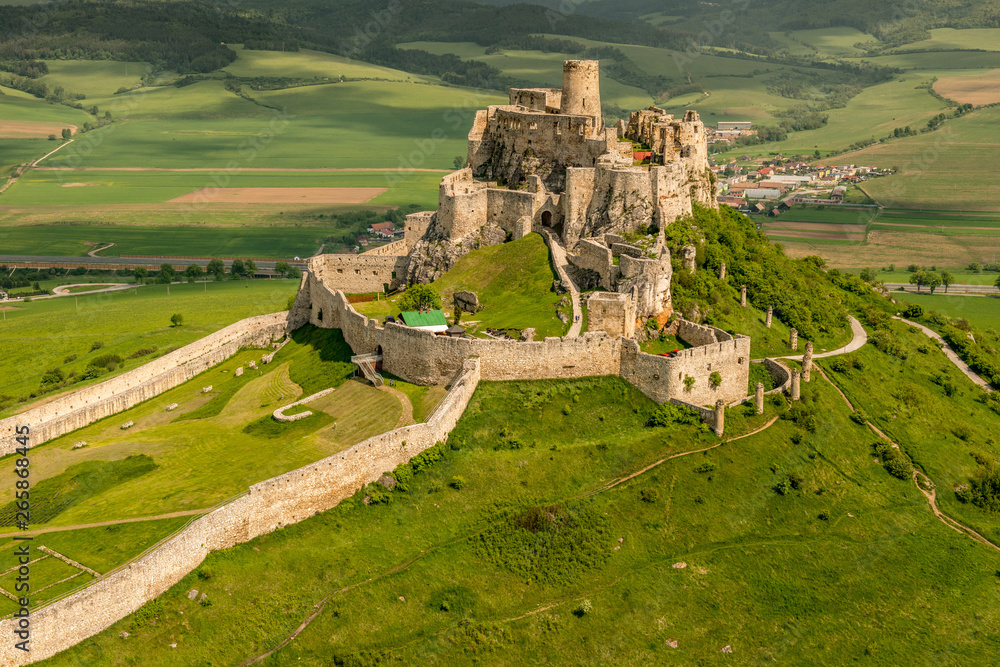 Aerial view of Spis (Spiš, Spišský) castle, second biggest castle in Middle Europe, Unesco Wold Heritage, Slovakia