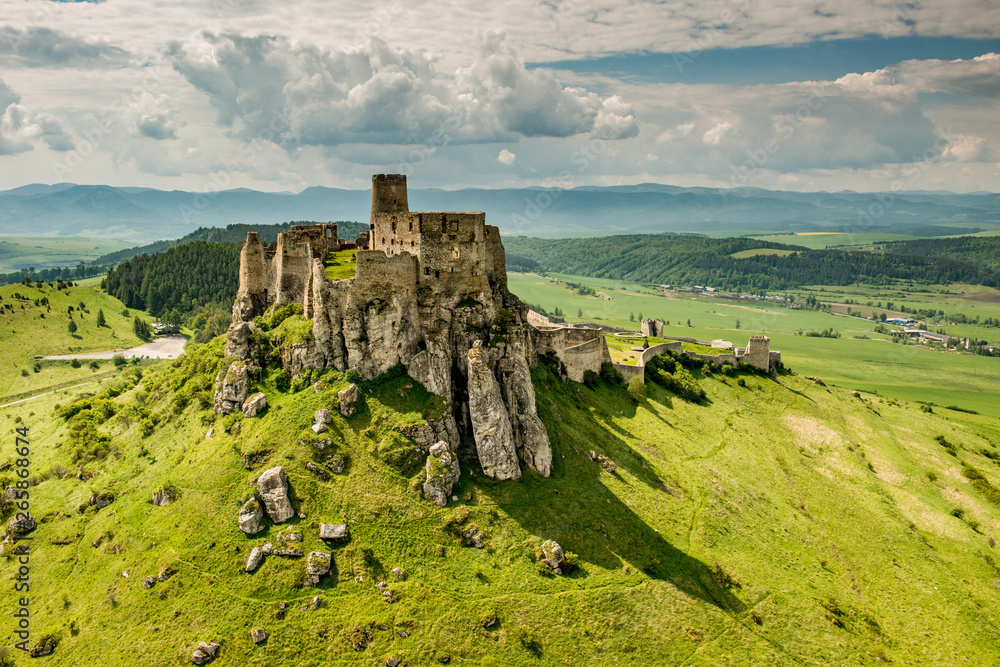 Aerial view of Spis (Spiš, Spišský) castle, second biggest castle in Middle Europe, Unesco Wold Heritage, Slovakia