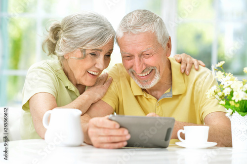 Portrait of happy beautiful senior couple using tablet