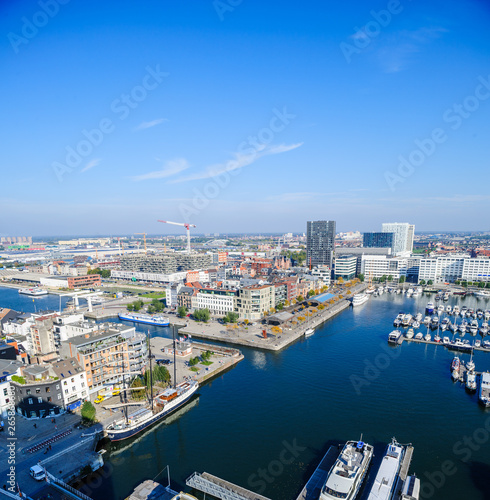 View from above of Kattendijkdok-Westkaai and Jachthaven Willemdok marina, Antwerp, Belgium