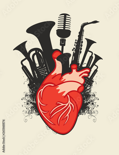 Vector music poster with red human heart and black silhouettes of wind instruments and microphone. Abstract musical illustration in retro style. Music in the heart, musical orchestral instruments.