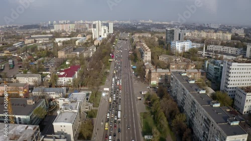 Aerial view of traffic leaving the city of Kiev, Ukraine. 4k drone photo