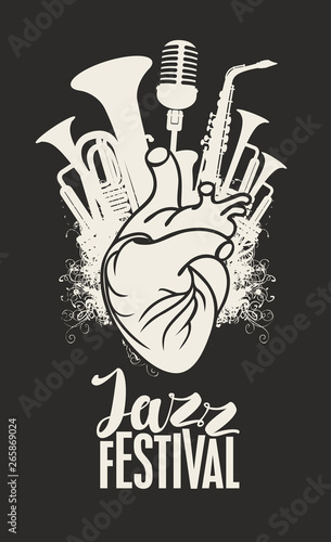 Vector music poster with human heart, wind instruments and microphone. Abstract musical illustration in retro style with inscription Jazz Festival. Music in the heart, orchestral instruments.