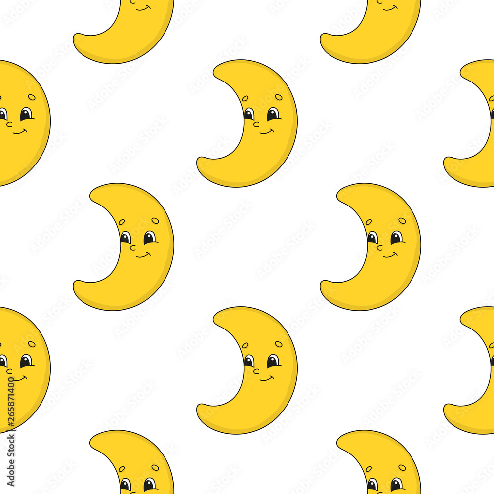 Happy moon. Colored seamless pattern with cute cartoon character. Simple flat vector illustration isolated on white background. Design wallpaper, fabric, wrapping paper, covers, websites.