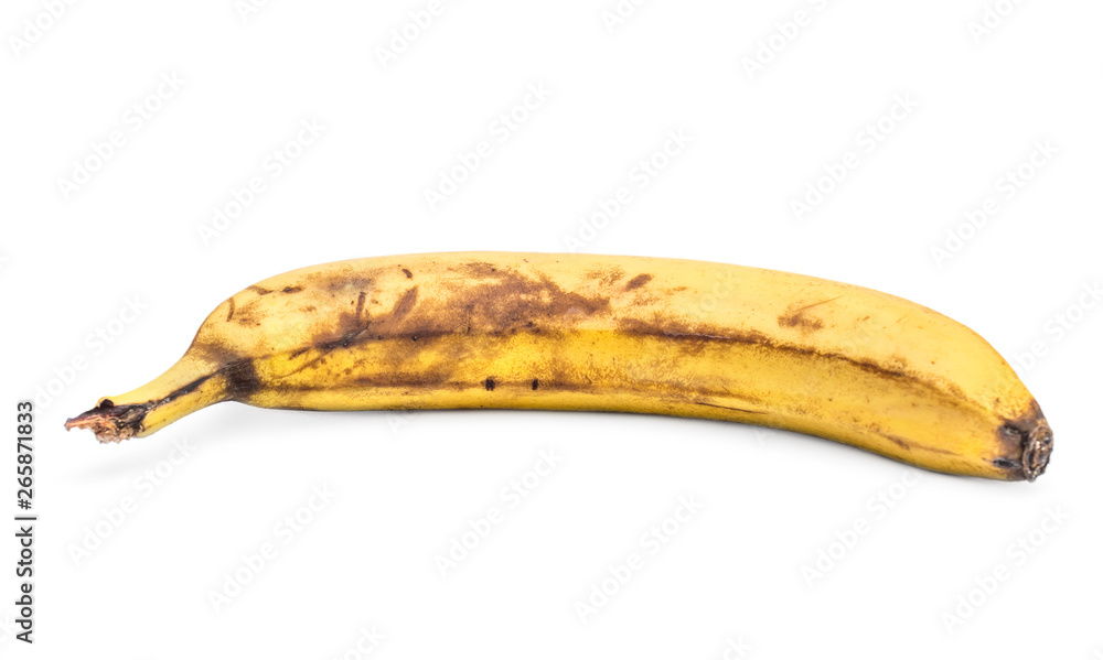 Overripe banana on white background.