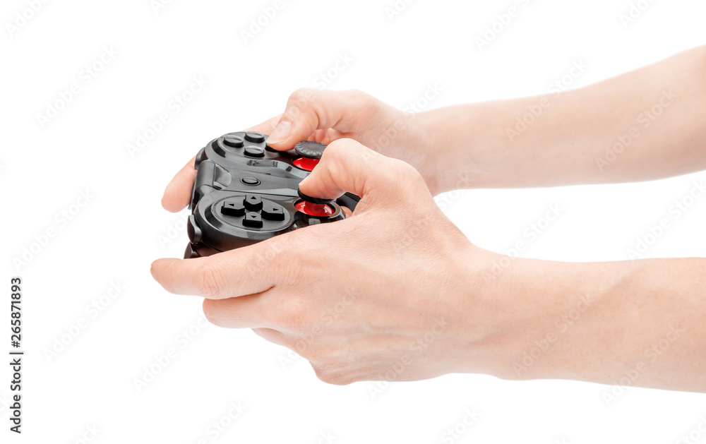 Hands holding gamepad. Isolated on white. Hands holding gamepad. Isolated on white.