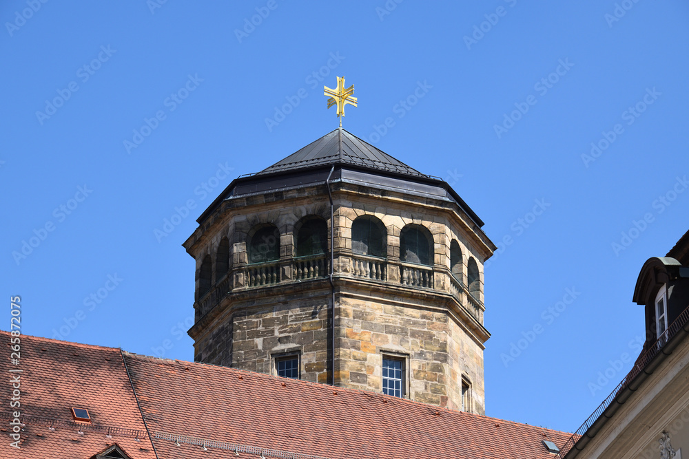 octogonal tower of palace church in Bayreuth with roof of old castle octogonal tower of palace church in Bayreuth with roof of old castle