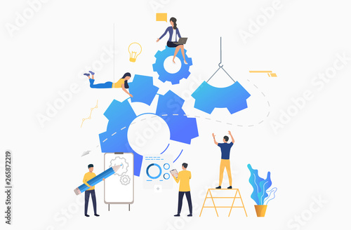 Business team putting in motion cogwheels. Teamwork, business operation, strategy. Project concept. Vector illustration can be used for presentation slide, posters, banners