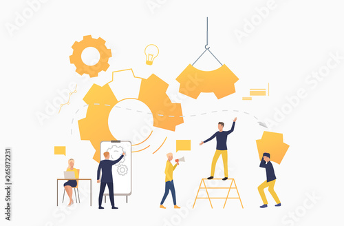 Business team working as mechanism. Operation, teamwork, brainstorming. Management concept. Vector illustration can be used for presentation slide, posters, banners