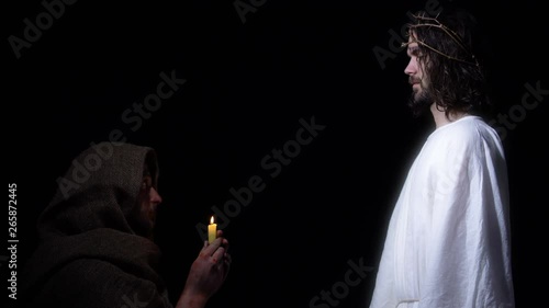 Jesus appears to poor old man praying with candle, salvation of righteous soul