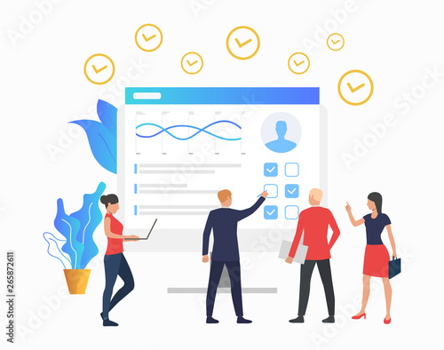 Managers looking at chart on monitor. Personal productivity, competence, candidate. Productivity concept. Vector illustration can be used for topics like headhunting, human resources, business