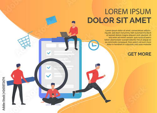 Men using service for different activities. Web search, freelance, music. Online service concept. Vector illustration can be used for topics like business, internet, service