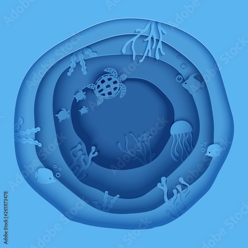 Paper cut butterflyfish, jellyfish, moonfish, turtle. Paper craft underwater ocean cave with fishes, coral reef, seabed in algae, waves. Diving concept, deep blue marine life. Vector sea wildlife