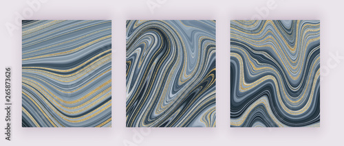Set liquid marble texture. Grey and golden glitter ink painting abstract pattern. Trendy backgrounds for wallpaper, flyer, poster, card, invitations. Modern art.