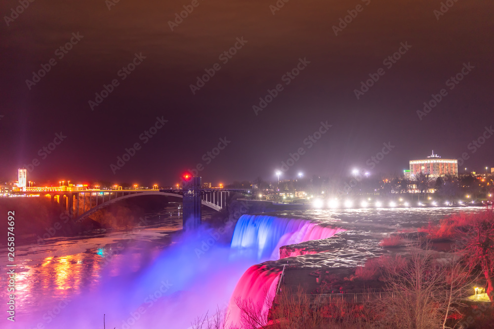 Night at Niagara Falls And American Falls with Colorful Lights