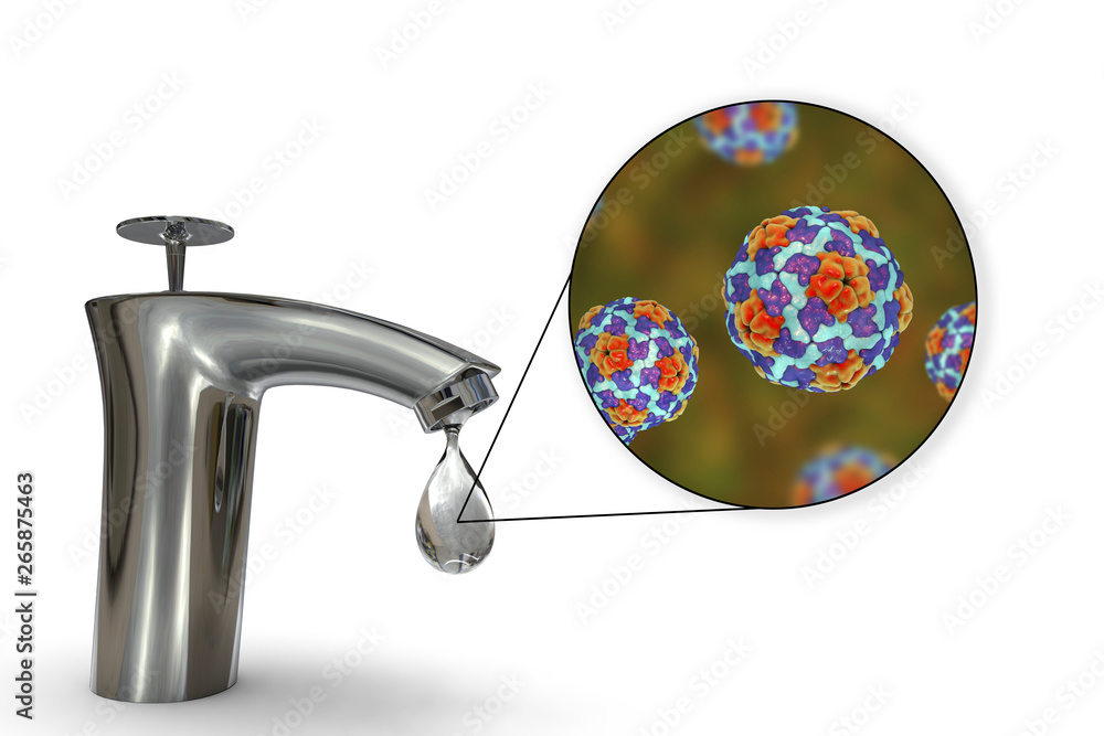 Safety of drinking water concept, 3D illustration showing Hepatitis A