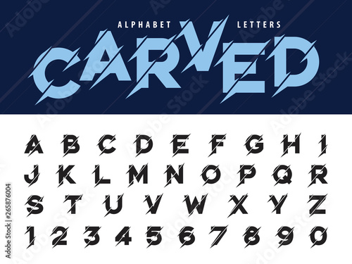 Vector of Glitch Modern Alphabet Letters and numbers, Grunge and Carved linear stylized rounded fonts