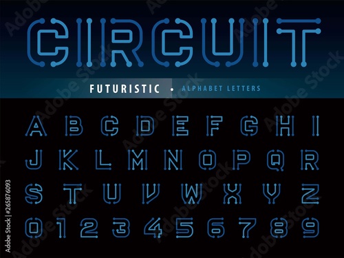 Vector of Circuit Alphabet Letters and numbers, Future Techno stylized fonts