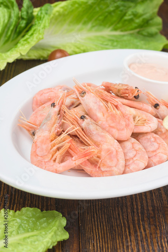 Boiled shrimps in a shell on plate