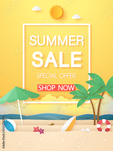 Summer time , sea and beach with coconut tree and stuff , paper art style